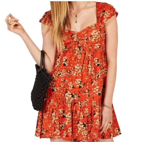 Free People Pattern Play Orange Red floral Dress size medium western coastal - Picture 1 of 8